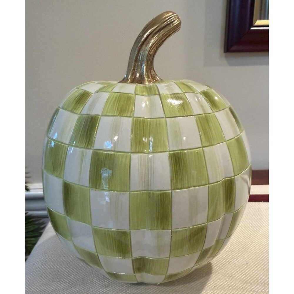 MacKenzie-Childs Moss Green Check Mini Pumpkin New IN BOX! Autumn Decor